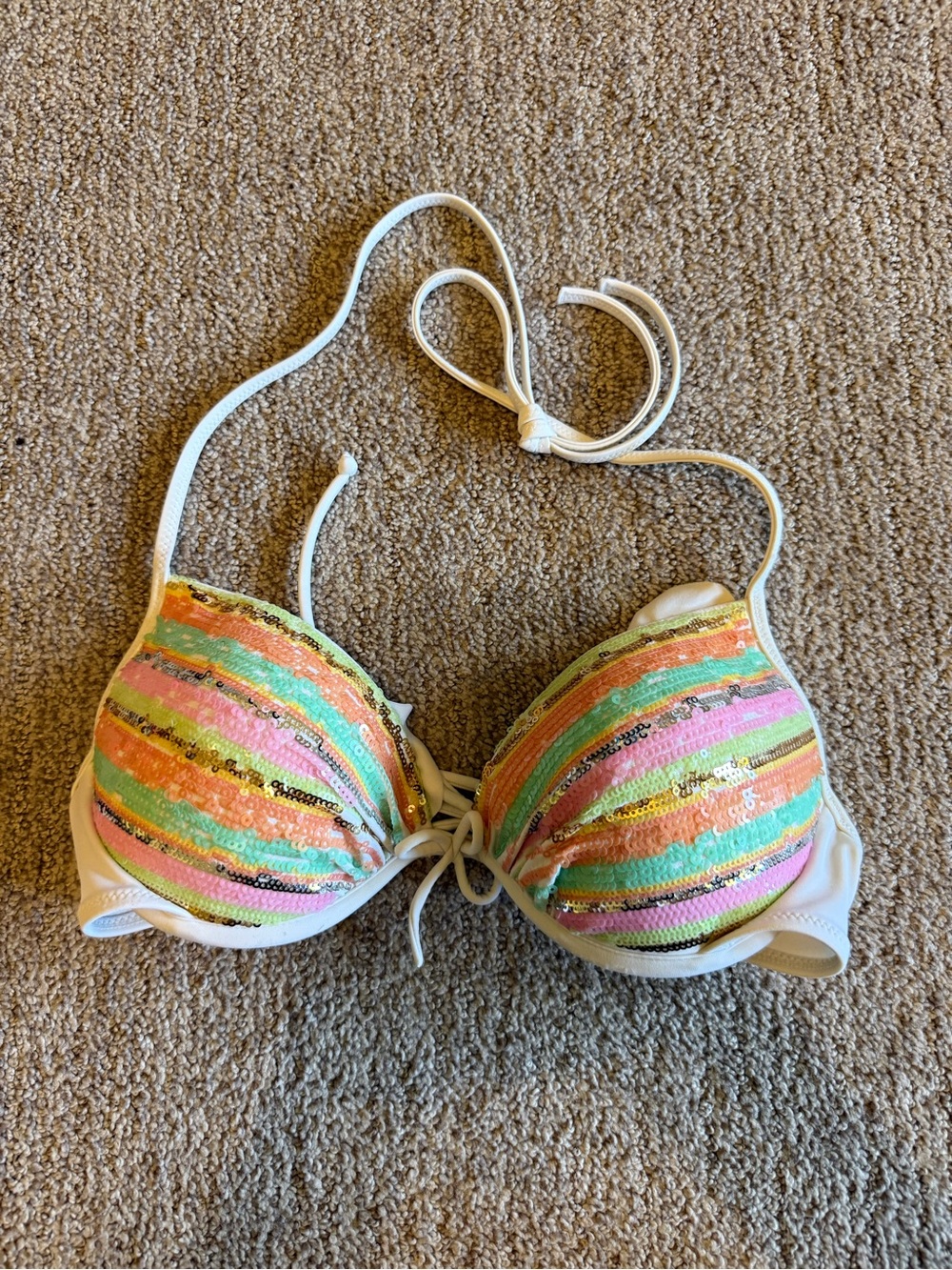 Victoria's Secret Multicolor Sequin Halter Bikini Top with White Trim